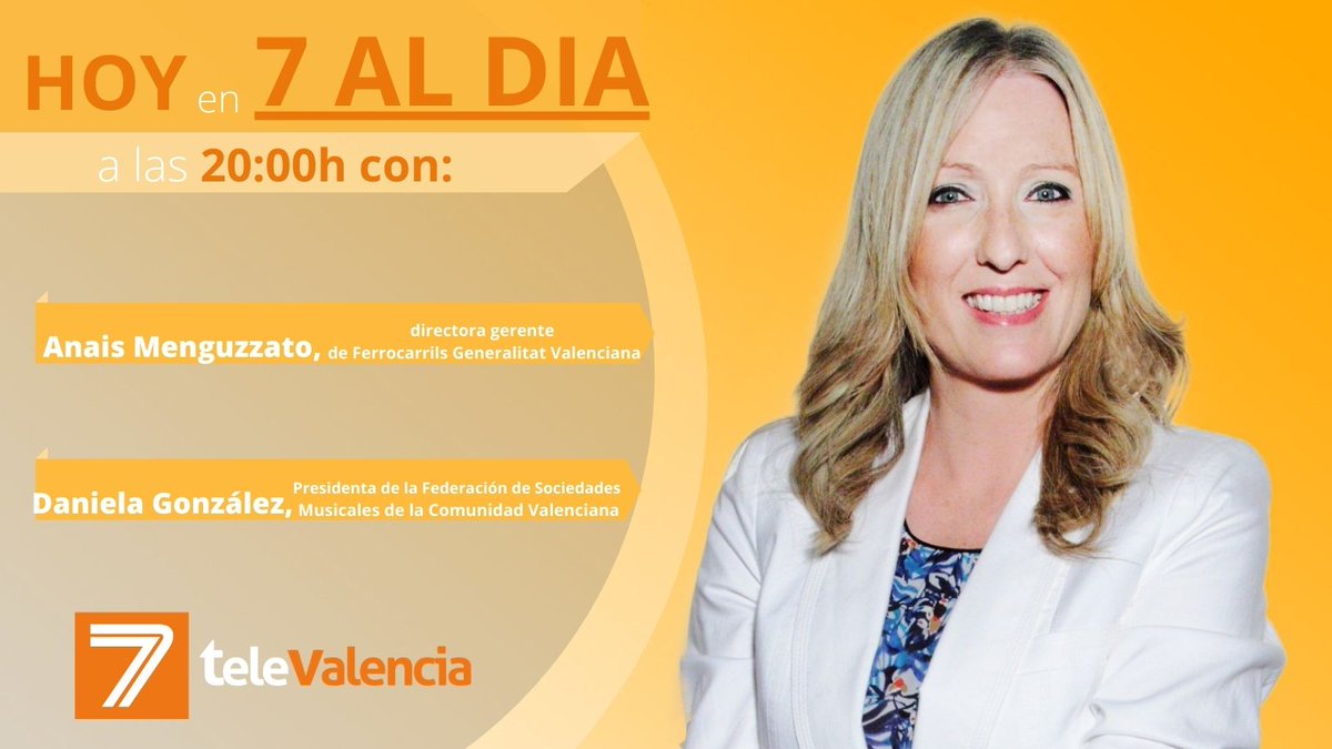 En "7 al dia", hoy tendremos dos invitadas‼️

-Anais Menguzzato (@anaismenguzzato ), directora gerente de <a href="/GVAfgv/">GVA FGV</a> 

-Daniela González, presidenta de <a href="/FSMCV/">FSMCV</a> 

A las 20:00 en <a href="/7TeleValencia/">7 TeleValencia</a> 🧡📺