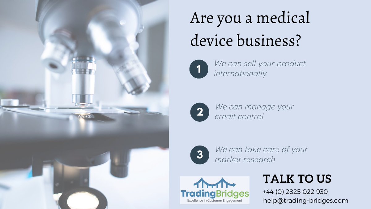 tradingbridges's tweet photo. If you are a medical business, we can help you!

Read more here:

https://t.co/gj9rtNUhow

#Medical #business #businessgrowth #marketresearch #selling #creditcontrol #exports #Medicaldevices https://t.co/icGwwKxnxy