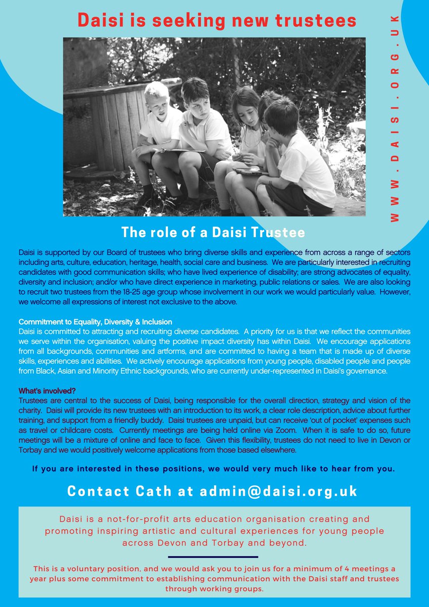 Daisi is seeking new trustees to join our Board! 
If you would like the chance to make a positive impact on young people’s access to arts opportunities, then do get in touch - Contact Cath at admin@daisi.org.uk.

#charity #boardmembers #trusteerecruitment #daisi #ArtsOpps