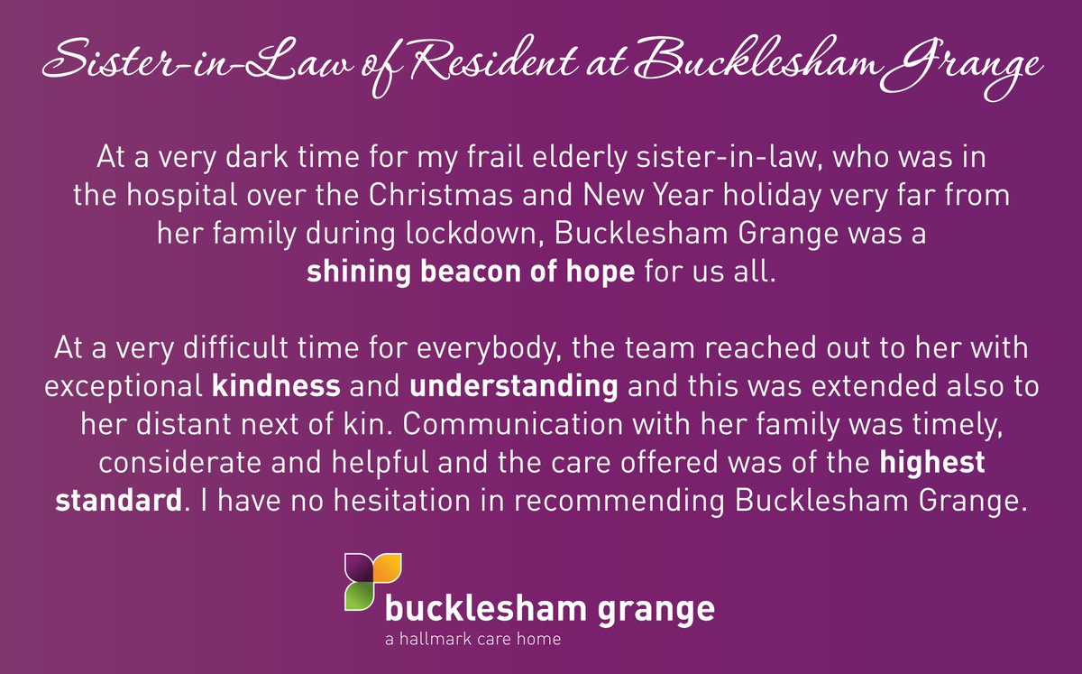 HCH_Bucklesham's tweet photo. It's time for Testimony Tuesday! We love this recent review from a relative through @carehome_co_uk. Huge well done to all of the team for continuing to provide outstanding care! 
@CareHomeAwards @suffolkchamber #Review https://t.co/3SCjWBk53c