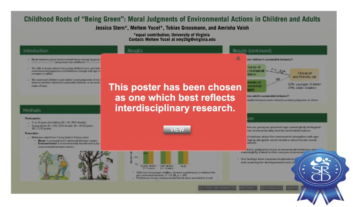 DrMeltemYucel's tweet image. Our poster (w/ @JessAStern) on children&apos;s and adults&apos; moral judgments of environmental actions received the Strategic Plan Poster Winner designation from #SRCD21. 

Many many thanks to @SPSPnews for funding our work through the Climate Impact Small Research Grant! 

#SRCD2021