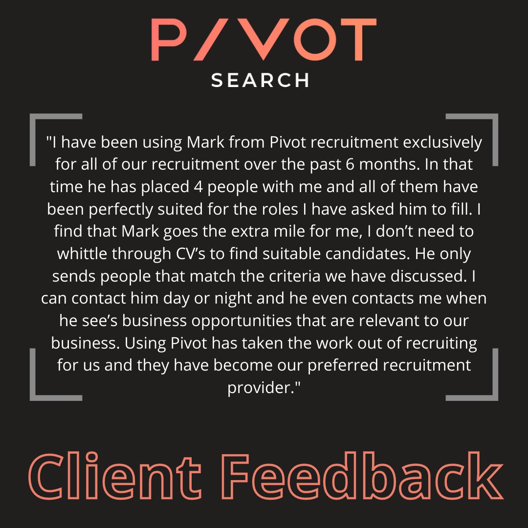 This week our Technical and Engineering specialist, Mark Smith, received a positive review from a client. Get in touch through our website: j.mp/3d19mZj or contact us on 07787 278858.

#Pivotsearch #clientfeedback #recruitment #recruitmentconsultant