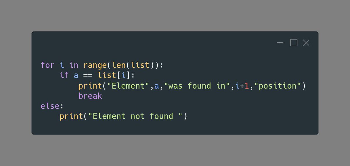 load_thecode's tweet image. Simple linear search in #Python3
Basic algorithm - Tweet 2
Have a great day!

#100daysofcode
#100daysofcodechallenge #Python
#DEVCommunity #Developer
#pythonlearning #Coding
#pythondeveloper #datastructure
#programmers #pythonprogramming