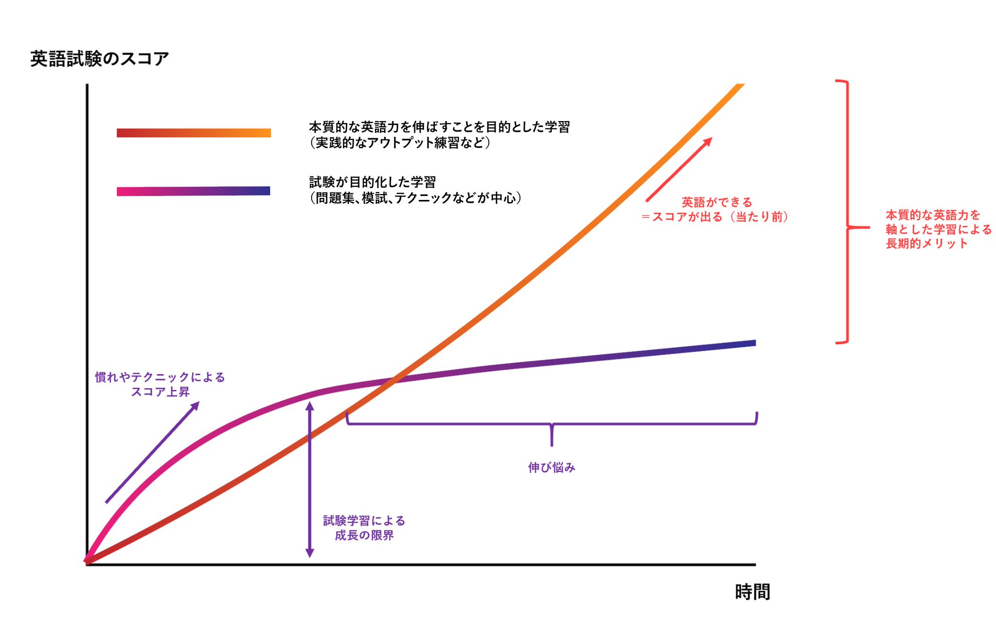 Atsu A Twitter 英語学習は実際に使うことを目的として取り組んだ方が中長期的には効率的 中々言語化しにくいので 試験結果を目的とした 英語学習と 本質的な英語力の向上を目的とした英語学習をグラフで図解してみました 短中長期の時間軸で 学習結果が英語力