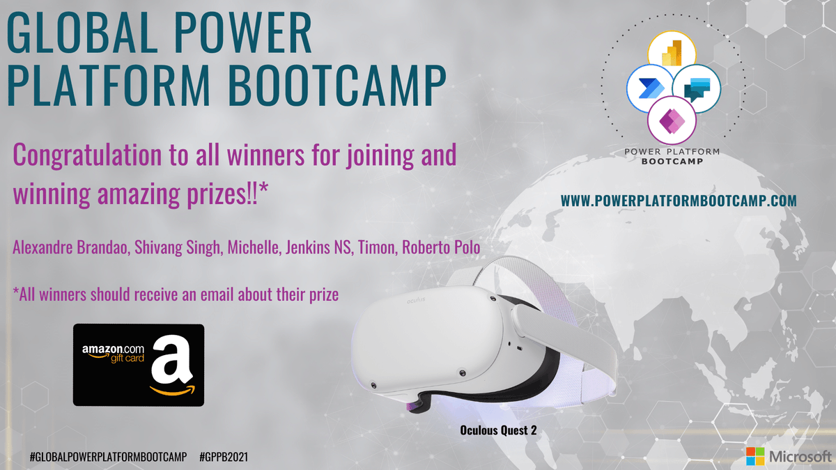 GPPBootcamp's tweet photo. 📣Congratulations to the winners of the Global PowerPlatform Bootcamp Raffle. It was a pleasure to have you at the event!  
#powerapps #powerautomate #powervirtualagents #powerbi #microsoft #GPPB2021 #GlobalPowerPlatformBootcamp https://t.co/tVWHdpa7Ye