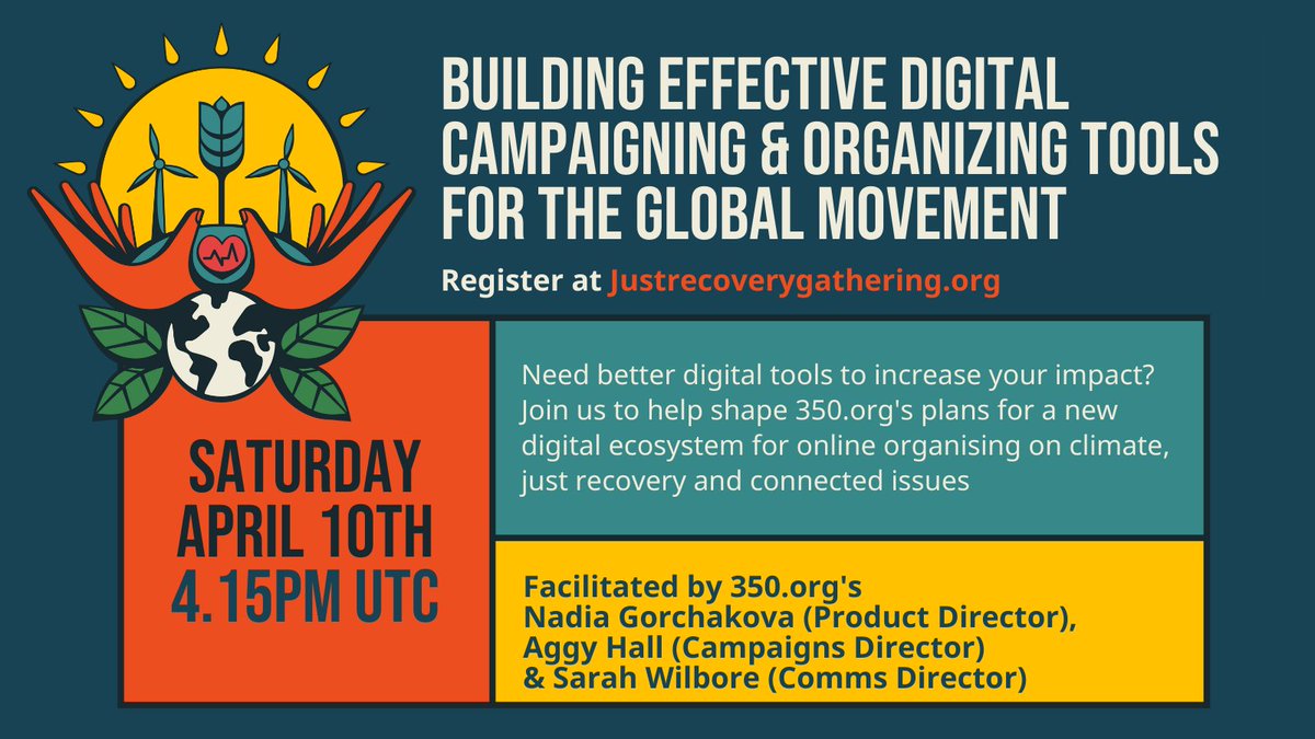 wilbore's tweet image. Are you sick of digital organizing and campaigning tools not really serving your unique needs? Myself @aggyhall and @NadiaGorchakova are running a session at the Global #JustRecovery Gathering to find out what YOU need in order to increase your impact.  justrecoverygathering.org/#register