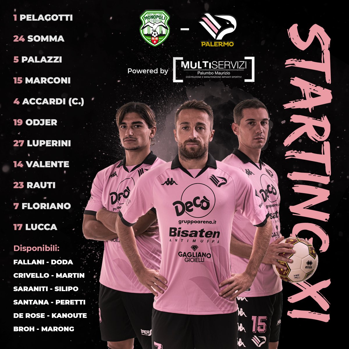 Palermofficial's tweet photo. Ecco il nostro 11 iniziale per #MonopoliPalermo 💪🏼
Forza Palermo! 💗🖤 #siamoaquile 🦅
📲 #MonPal @LegaProOfficial https://t.co/1L2lJMvXcz