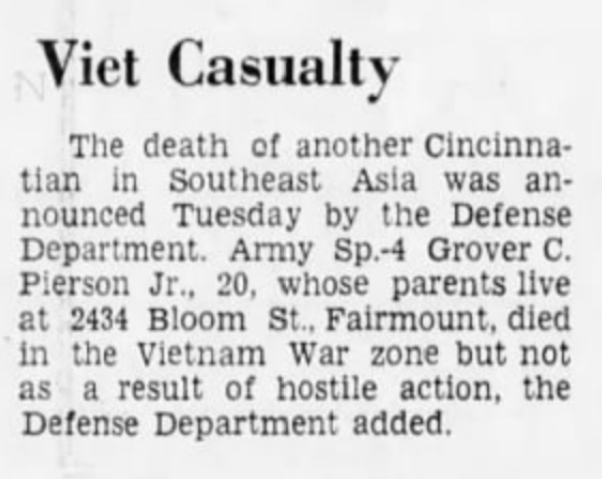 NvrForgetCinci's tweet photo. #WeRemember SP4 Grover Pierson Jr of Bloom St in South Fairmount. He was an Armor Crewman in the 5th Infantry Division. He was killed in a non-combat automobileaccident #OTD 7 April 1971 in Vietnam. He is buried @sgcemetery and remembered @VVMF. https://t.co/IFUYsCPFOu