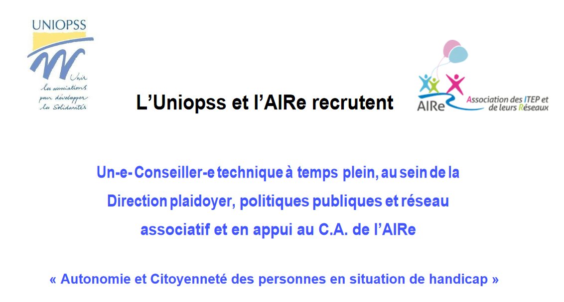 L'<a href="/AIre_DITEP/">AIRe</a> et l'<a href="/Uniopss/">Uniopss</a> recrutent une ou un conseiller technique. Si vous êtes intéressé par le poste et souhaitez rejoindre une belle équipe, n'hésitez pas à candidater. Toutes les informations sont disponibles ici : lnkd.in/d6izjEs