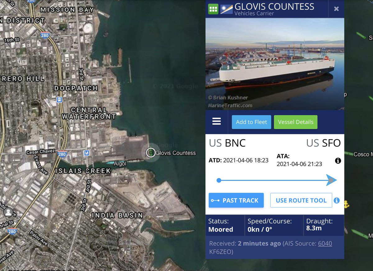  #GlovisCountess, first ship from Fremont in Q2, has arrived at Pier 80#1 ship in Q2(#1 from SFO) $TSLA  #Tesla  #Model3  #TeslaCarriers http://bit.ly/TeslaCarriers 