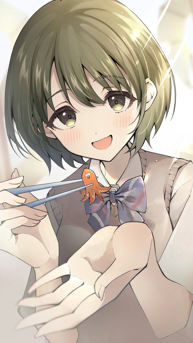 1girl green eyes green hair solo chopsticks bow short hair  illustration images