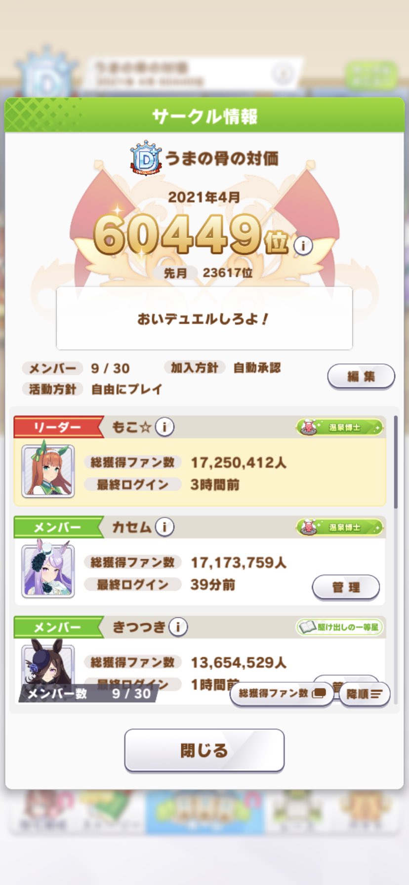 もこ ウマ娘サークルメンバー募集 決して活発とは言えませんが靴交換だけはサブ垢使って頑張ってます サークルランキング 上位目指してる方はお勧めできません T Co Mratxbzynn Twitter