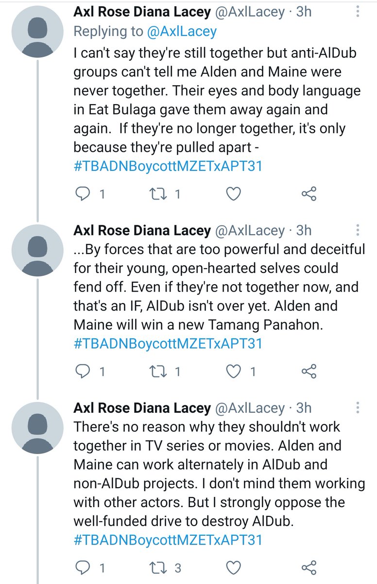  https://twitter.com/AxlLacey/status/1379713438629257217?s=19 In showbusiness, you have to be skillful, sensitive and creative when modifying the narrative of a show or movie and explain to the fans why the story can't go on as it is. Fans are more understanding than they're given credit for.  #TBADNBoycottMZETxAPT31