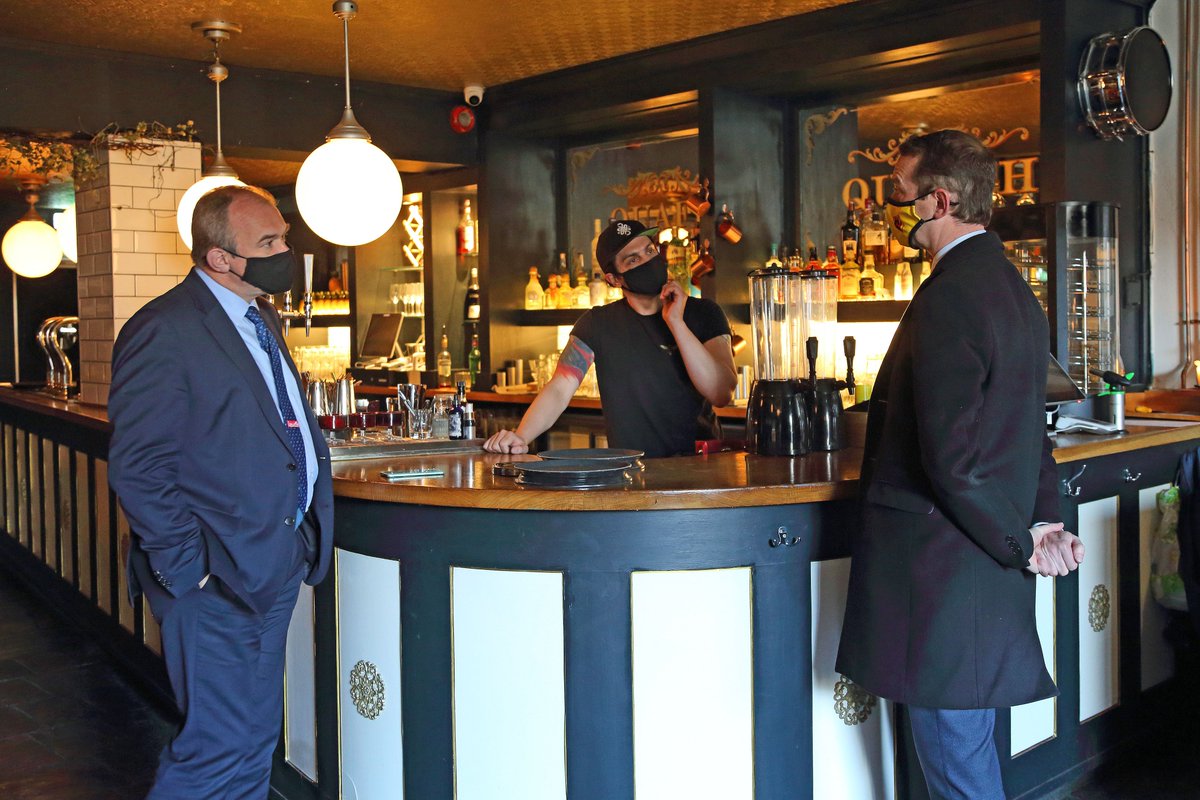 EdwardJDavey's tweet photo. Yesterday in Watford I launched the @LibDems' local election campaign.

Lib Dem Mayor Peter Taylor and I met with the manager of @BarBodega to hear about the impact of the pandemic on his business. https://t.co/q44BbCC750
