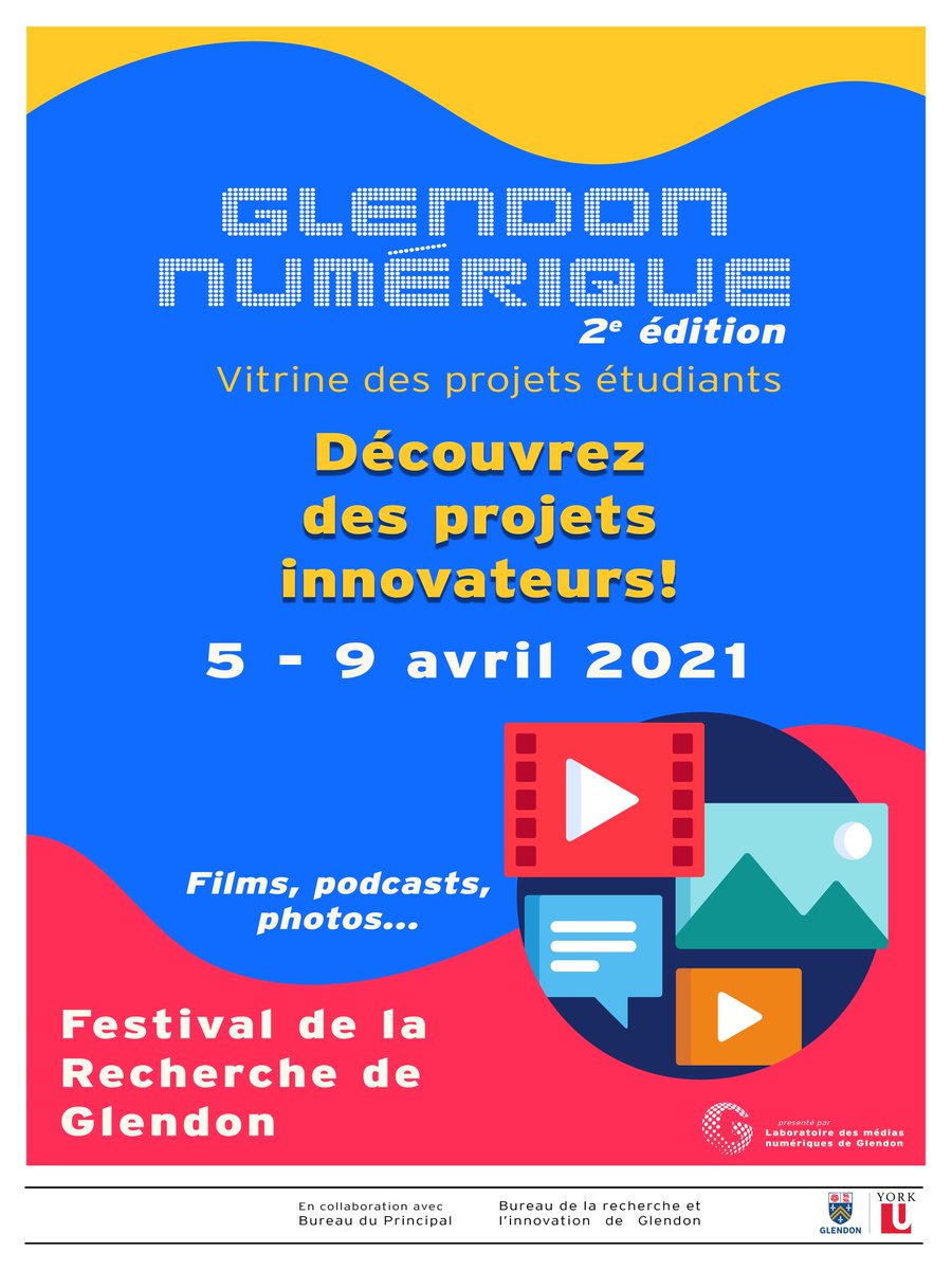 👀 Dernière session de présentation des projets soumis dans le cadre de «Glendon numérique» 2021. Prenez un court moment pour venir entendre les étudiant·es présenter des recherches innovantes &amp; originales!

👉 10h00 ce matin. Inscription au lien!

glendon.yorku.ca/research/fr/49…