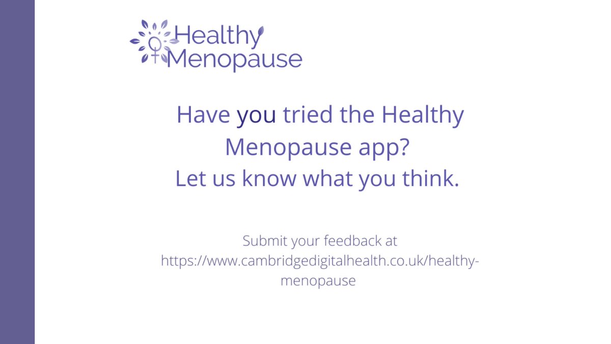 Cambridge Digital Health (@camdigihealth) on Twitter photo Let us know what you think about the Healthy Menopause app. Submit your feedback at loom.ly/yMq8uhQ 
#menopause #digitalhealth Let us know what you think about the Healthy Menopause app. Submit your feedback at loom.ly/yMq8uhQ 
#menopause #digitalhealth