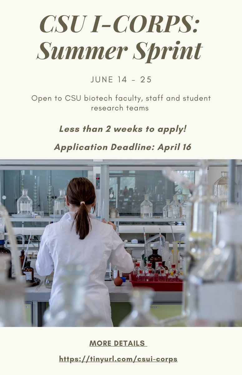 BiancaMothe's tweet photo. It’s time to propel biotechnology research into entrepreneurship. Apply today with your CSU biotechnology research team to participate in the NSF-funded CSU I-Corps: 2021 Summer Sprint, taking place virtually, June 14-25: Applications due soon: https://t.co/5Gb9v795sI https://t.co/EqBI0vgOzs