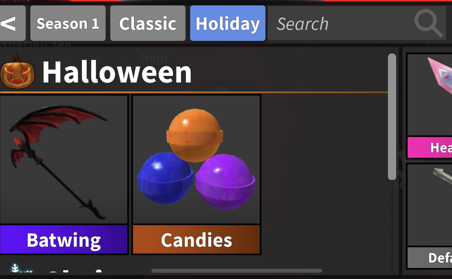 Looking for Candy knife! Or Batwing (NOT TRADING HEARTBLADE FOR BATWING) :  r/MurderMystery2