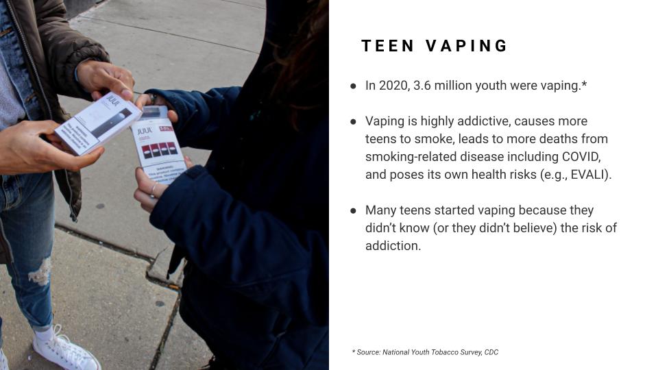 Hopelab's tweet photo. "#Vaping is unique and different from other forms of tobacco. After a decade of #research, if #teens start vaping, it's more likely they will become long-term smokers. Vaping poses its own unique health risks." @DanielleRamo @CenterHXD @hxdconf #HXD2021 #quitthehit https://t.co/Wyo9Gj5n9H
