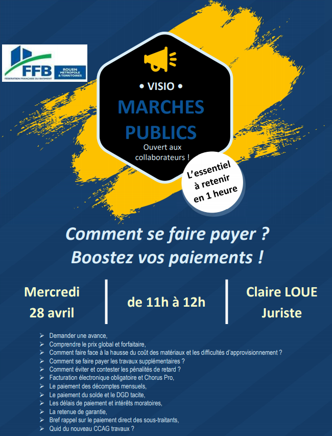Vous avez des difficultés de paiement pour vos marchés publics  ?
Inscrivez-vous à la Visio Marchés publics du 28 avril prochain à 11h !

#FFB #FFB_RMT #marchespublics #boostezvospaiements <a href="/ORousseille/">Olivier ROUSSEILLE</a> <a href="/claire_loue/">Loue Claire</a>