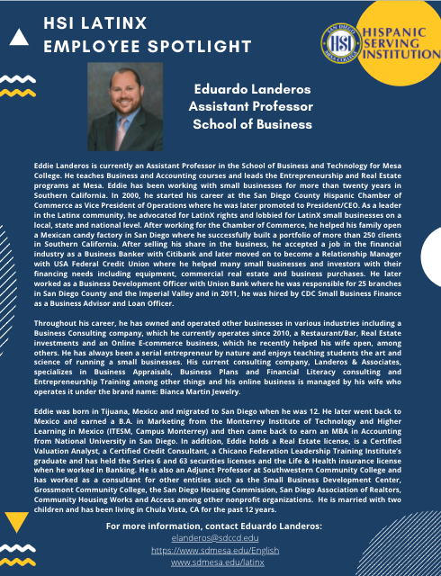 Meet  Assistant Professor Eduardo Landeros, this week's HSI LatinX Employee Spotlight!!!