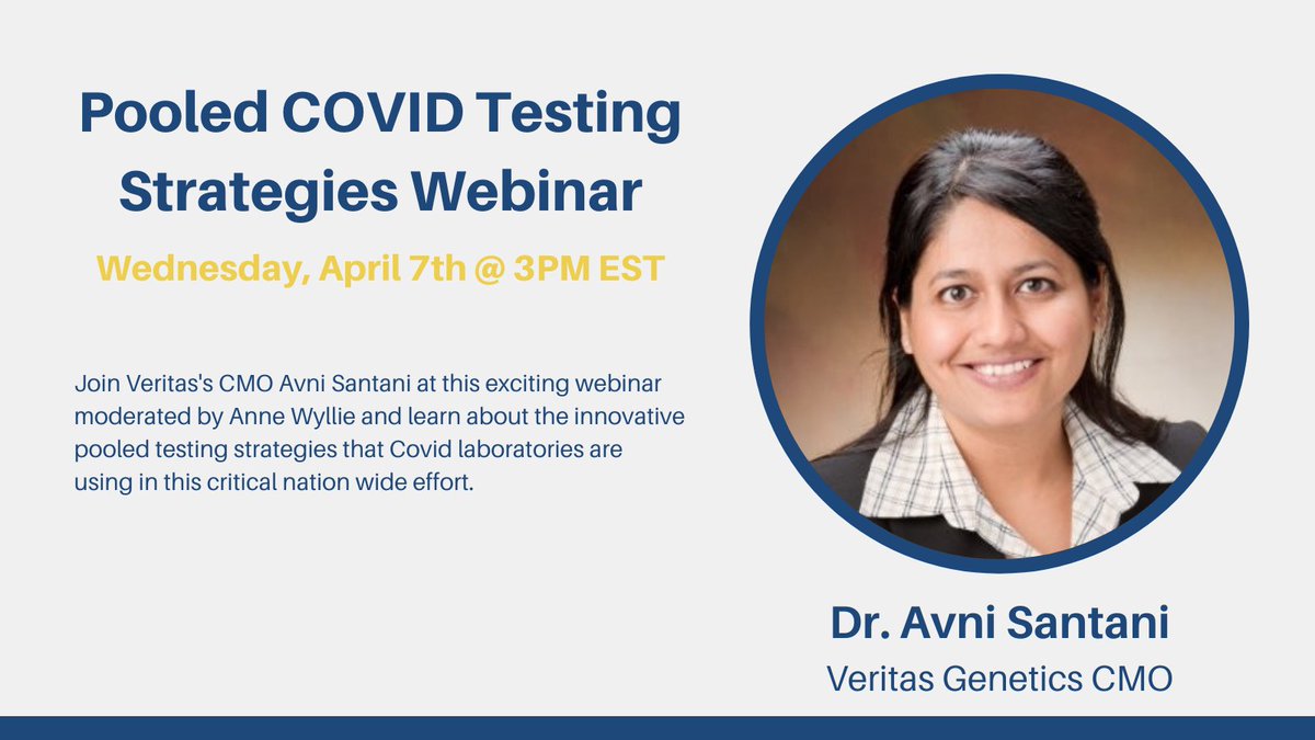 Join Veritas's CMO <a href="/AvniSantani/">Avni Santani</a> at this exciting webinar moderated by <a href="/awyllie13/">Anne Wyllie</a> and learn about the innovative pooled testing strategies that Covid laboratories are using in this critical nation wide effort. You can register here: bit.ly/pooledtestingw…