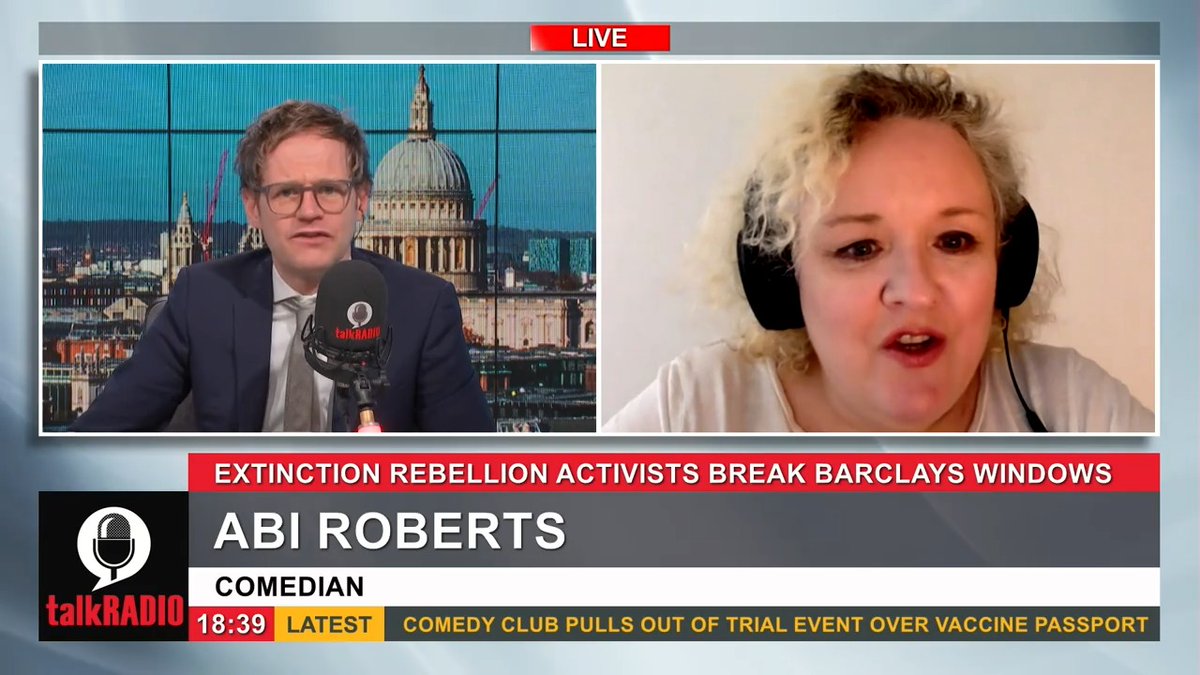 talkRADIO (@talkRADIO) on Twitter photo 2021-04-07 17:46:12 Extinction Rebellion activists have been arrested after smashing windows at Barclays HQ in London. Comedian Abi Roberts: They looked like they were on an outing from The Guardian to a National Trust property. @mrmarkdolan | @abiroberts Extinction Rebellion activists have been arrested after smashing windows at Barclays HQ in London. Comedian Abi Roberts: They looked like they were on an outing from The Guardian to a National Trust property. @mrmarkdolan | @abiroberts