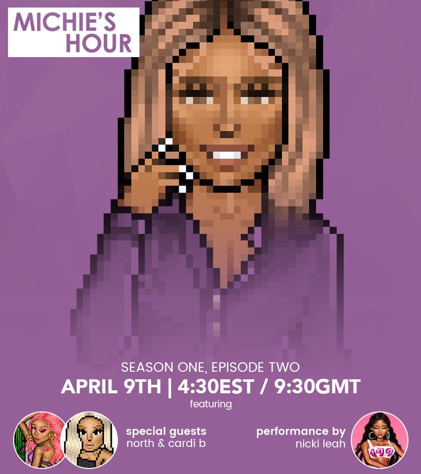 michiemoncler's tweet photo. ⚜️ - MICHIE’S HOUR | Season 1 - Episode 2 | Special Guest @habbosnorth , @HabCardi & @habnickileah | April 9th, 2021 4:30PM EST/9:30PM GMT | Only on @habboonpw! #MICHIESHOUR https://t.co/LHb0QEZCXt