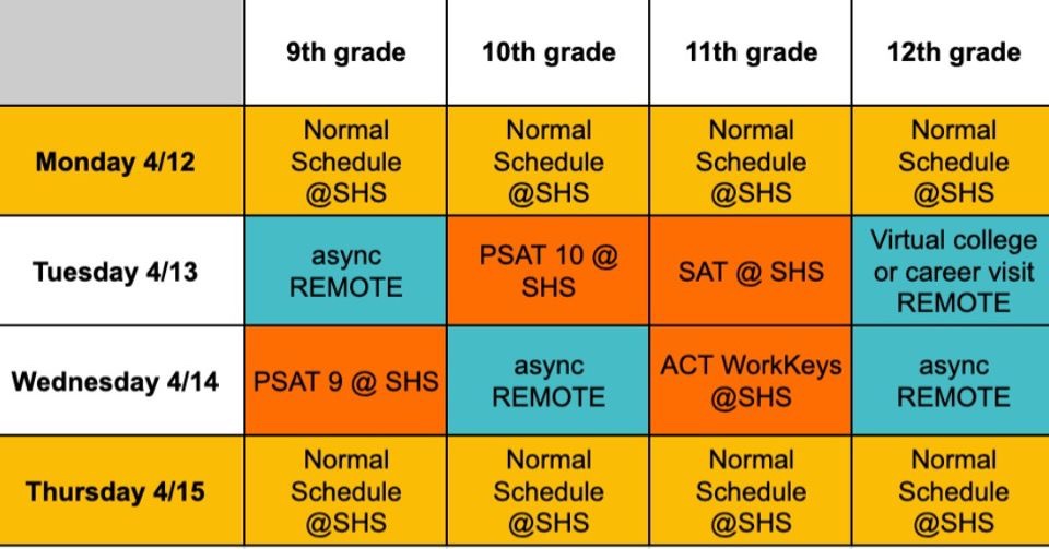 Next week is indeed testing week here at Saline HS. Here is a reminder for what our schedule will look like this upcoming week. Good luck to all students testing! #salinehs #salineschools