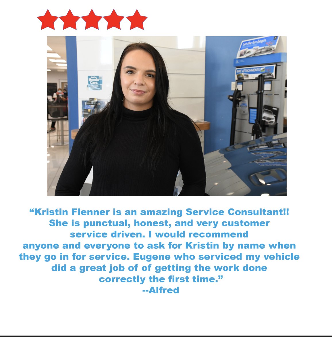 5 star rating and great review for our service team here at Dean Honda!