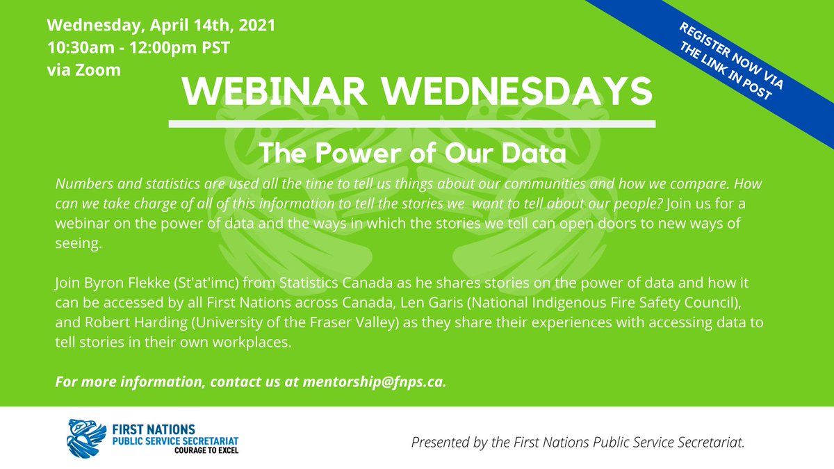 #Reminder: don't forget to register for our upcoming #WebinarWednesdays event "The Power of Our Data"
Date: Wednesday, April 14th, 2021
Time: 10:30am - 12:00pm PST
Cost: Free
Click here to register: https://t.co/UzOzT51dMb
#FNPSS #JoinUs #RegisterNow #BCFirstNations