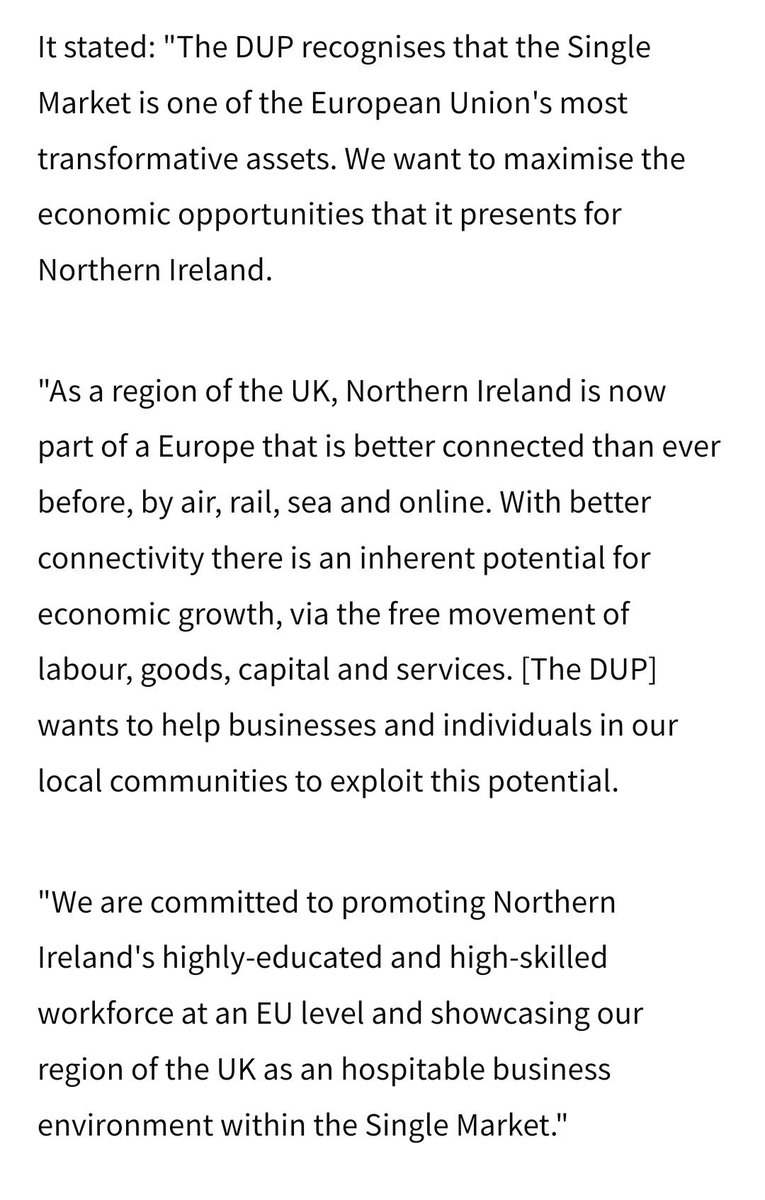 This is the DUP's election manifesto the year before the EU referendum, 2015. Look at the language.Although historically an EU-sceptic party they can see the clear advantages membership brings and want that to continue, extolling the single market and free movement.2/n