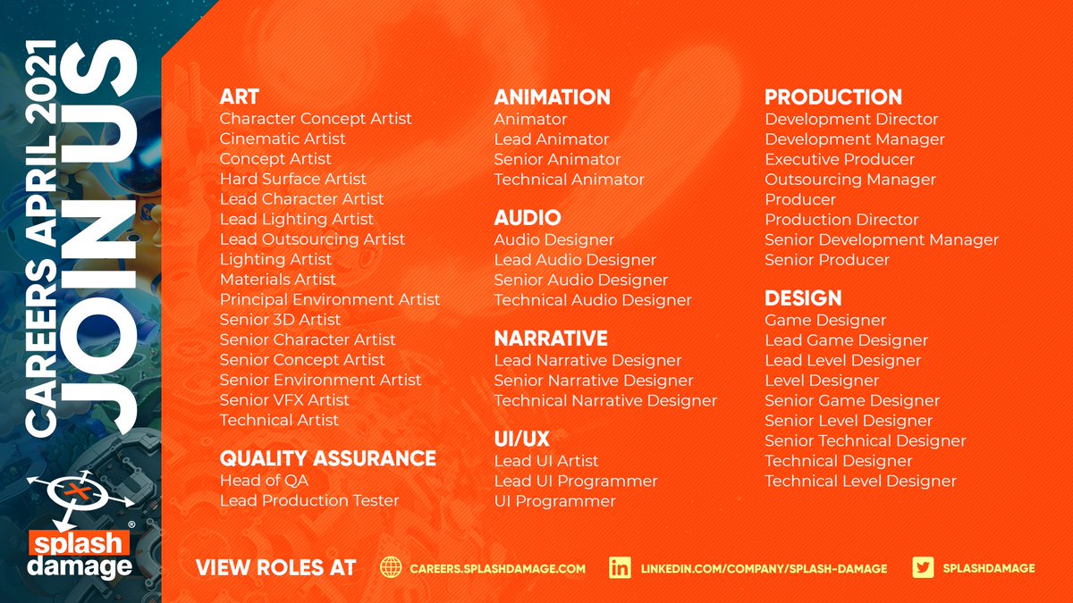 splashdamage's tweet image. April's job spotlight is here!

We're hiring for some awesome unannounced projects across all disciplines!

🎨: Art
💃: Animation
🎧: Audio
📚: Design
📋: Production

careers.splashdamage.com

#GameJobs | #GameDev