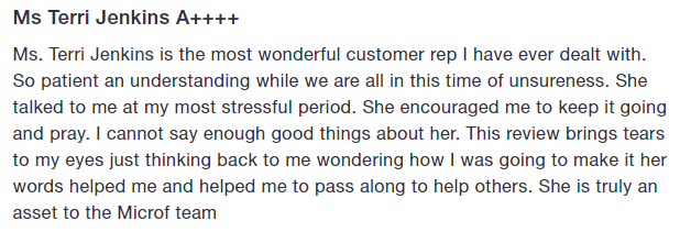 Our team is always striving for excellence. Hearing customer's sing a team member's praise brings pride to our whole organization. Thank you for being such a positive force, Terri.