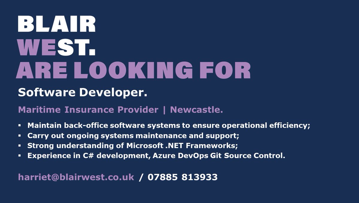 BlairWest are pleased to be representing a #NorthEast based #Insurance provider to assist in their search for a #SoftwareDeveloper.

Please click here for more information, and to send us your details - blairwest.co.uk/job/software-d…