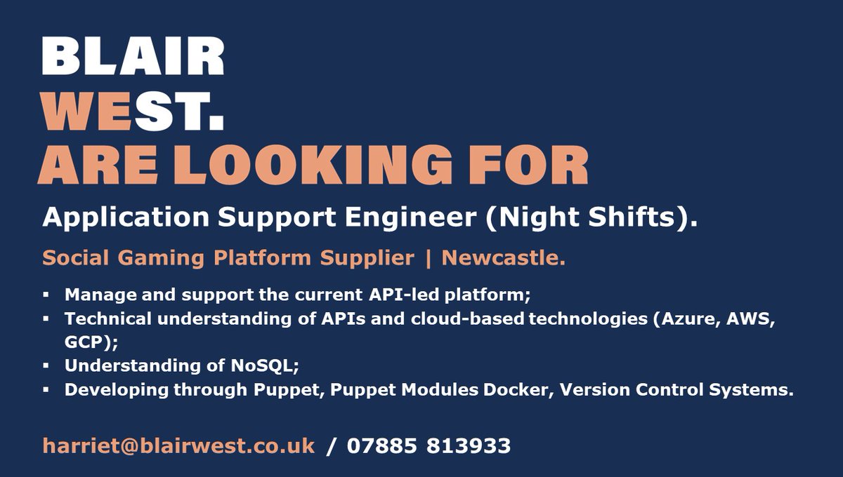 BlairWest are delighted to be representing a #NorthEast based #GamingPlatform Supplier, to recruit an Application Support Engineer. 

Click here to apply - blairwest.co.uk/job/applicatio…