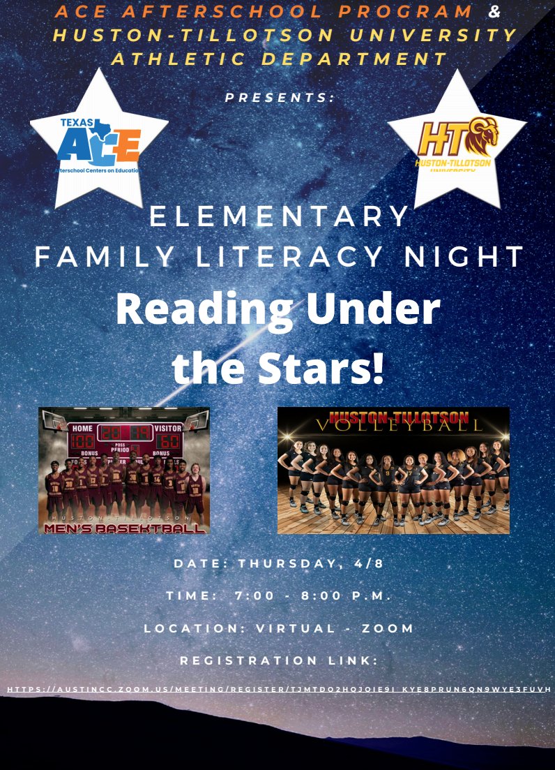 LockhartISD's tweet photo. ACE Afterschool Program is partnering with the Huston-Tillotson University Athletic Department to present Reading Under the Stars for Lions K-8th grade! See the flyer for more information and click the link below to register!

https://t.co/9zERkTHuGq https://t.co/8BICZBHU19