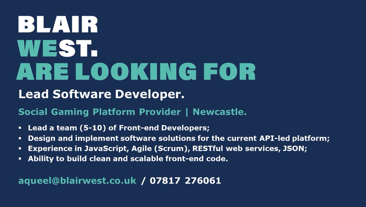 BlairWest are delighted to be representing a #NorthEast based #GamingPlatform Supplier, to recruit a Lead #SoftwareDeveloper.

Click here to send us your CV - blairwest.co.uk/job/lead-softw…