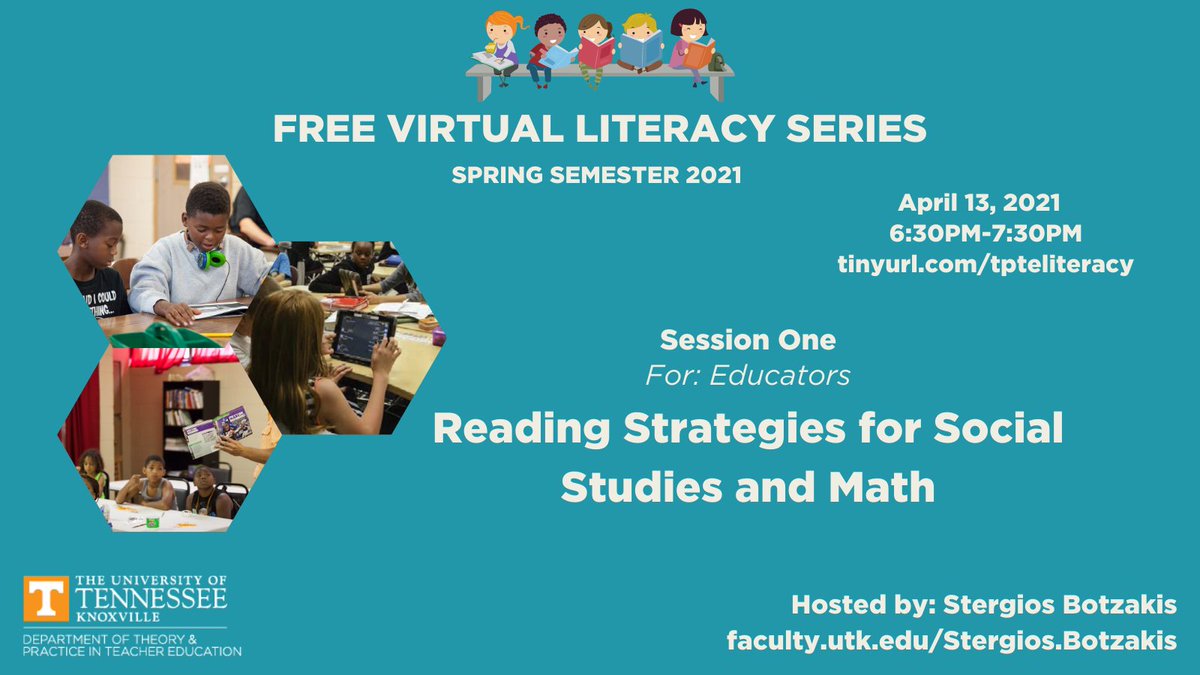 UTKTeacherEd's tweet photo. Join us Tues, Apr 13, as we continue our free #UTLitSeries! Stergios Botzakis, prof of #literacyed, will be addressing reading strategies for social studies and math. Open to educators β we hope you'll join us! More info: https://t.co/3UPd0btVFY #utktpte #utkcehhs #readinged https://t.co/7tUMNplBlP