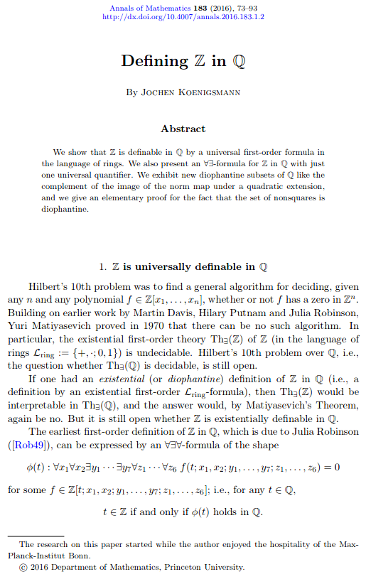 LGcommaI's tweet photo. #GengRuiZhangZhiWeiSun-2
"Abstract.
In 2016 J. #Koenigsmann refined a celebrated theorem of J.Robinson by proving that ℚ\ℤ is diophantine over ℚ, ie.,
> https://t.co/pXWN5g2qhV