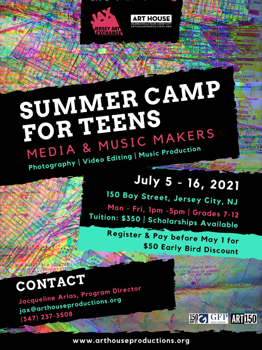 Announcing the Jersey Art Exchange Teen Summer Camp✨

The JAX Media &amp; Music Makers Camp provides a unique opportunity for students in 7-12 grade to build skills in Digital Arts &amp; Music. 

Register before May 1 for $50 Early Bird discount!

More info: arthouseproductions.org/pages/jax-summ…