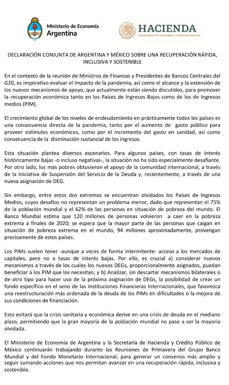 Guzmán solicitó ante el G20 mecanismos para repartir la ayuda del FMI