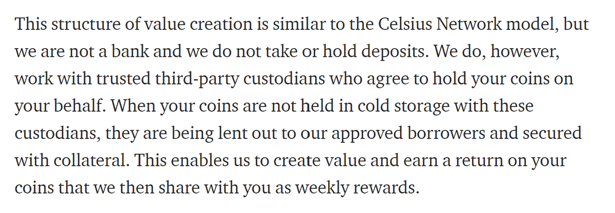 The circularity of Celsius's business model, explained. You deposit coins, which are lent out to borrowers against their collateral, which is ALSO lent out against collateral, which is ALSO lent out against collateral, etc. etc.