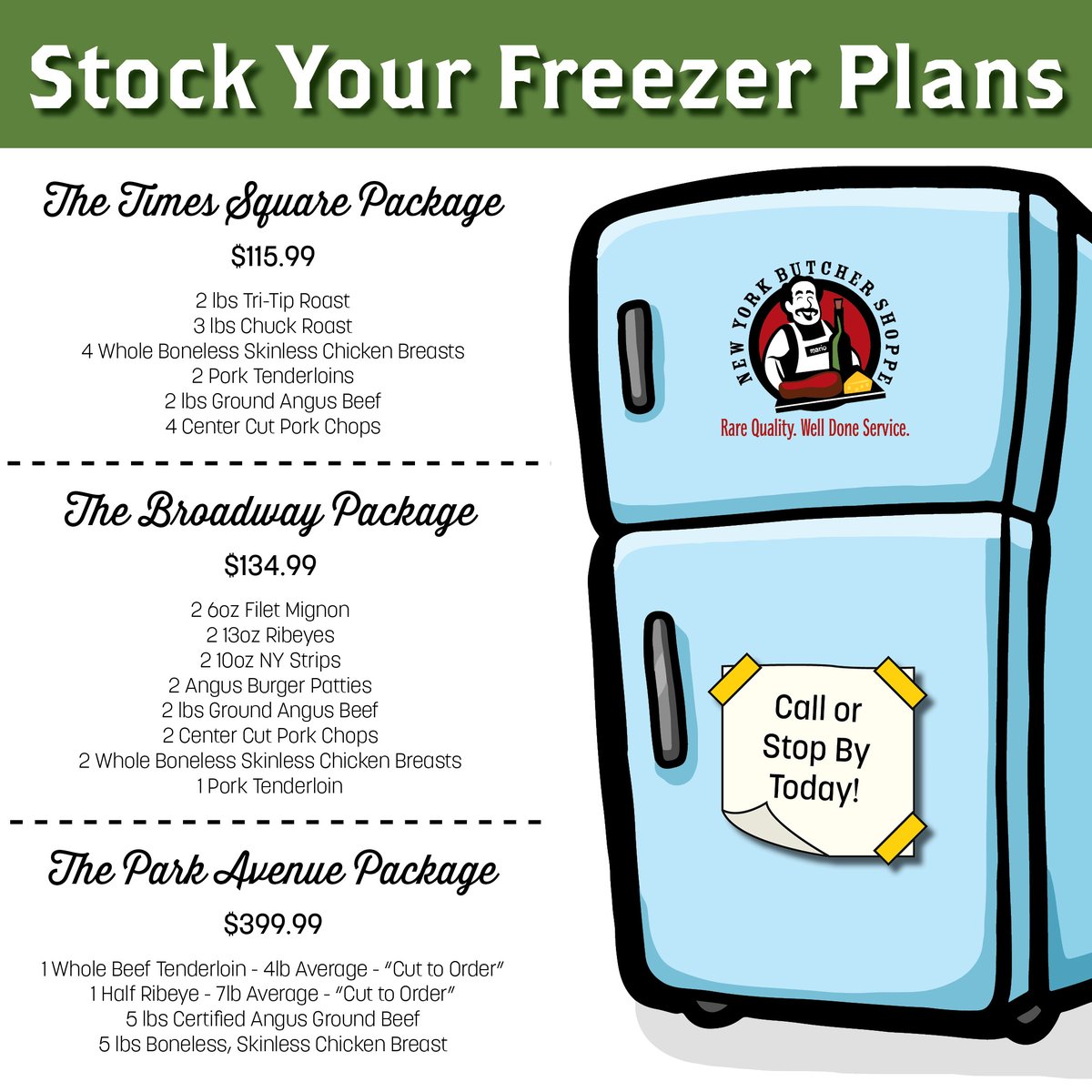 Did you know that our Shoppe has a variety of "Stock Your Freezer Plans?" 
Come by today and let us help you fill up your freezer with Certified Angus Beef, Top Quality Chicken and Top Quality Pork!