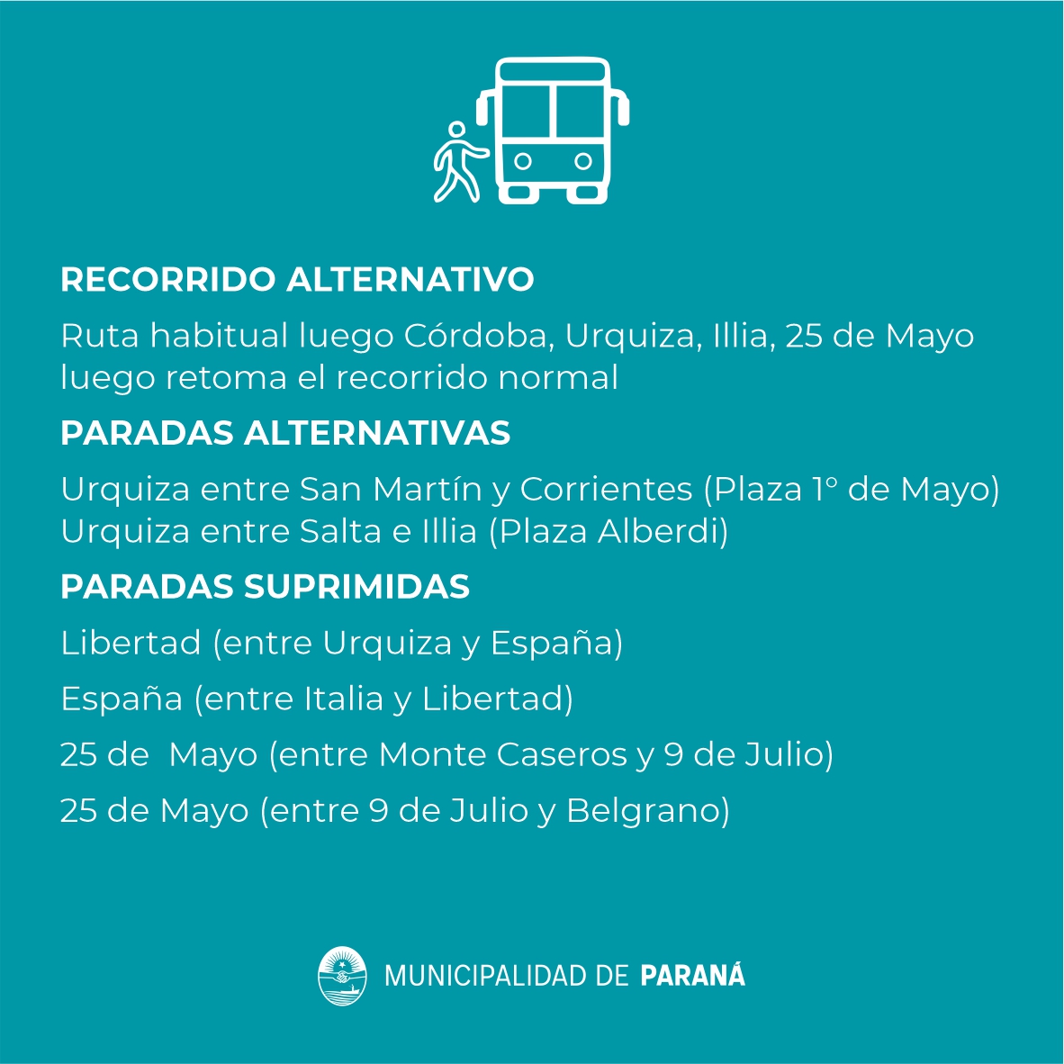 🚧 Corte en España y Peatonal San Martín y cambio de recorrido

➡️ A partir de este jueves 8 de abril y durante un mes y medio.
➡️ Las nuevas paradas serán sobre calle Urquiza en la Plaza 1° de Mayo (entre San Martín y Corrientes) y Plaza Alberdi (entre Salta y Pte. Arturo Illia)