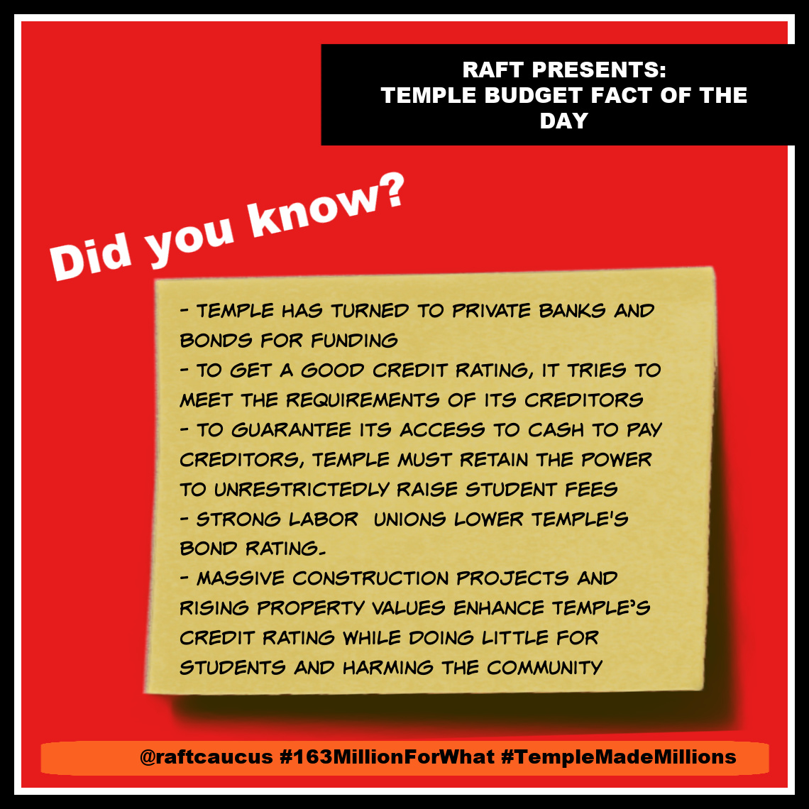 Temple and other universities have prioritized looking attractive to creditors over being institutions of education and knowledge-making. 

#CancelDebt #EndFinancialization #CollegeFacts #RealCollege <a href="/debtcollective/">Toby T</a> #DebtRevealDay #TempleMadeMillions #163MillionForWhat