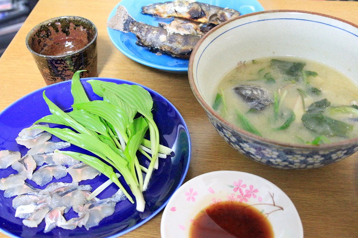 小林悟志 ウルイとワサビの葉を入れたアマゴの味噌汁 味噌は麦みそ これが渓流魚に一番合う イワナの塩焼きに アマゴの刺身 清酒は お気に入りの十場天伸氏の藁灰おちょこで頂く 春の渓谷の恵みに乾杯