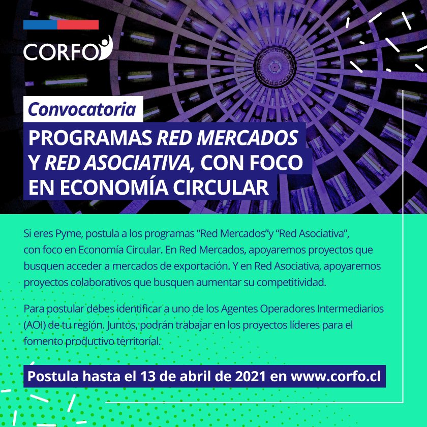 ¿Tienes un proyecto en #EconomíaCircular y quieres llegar a nuevos mercados? Postula a los programas Red de Mercados y Red Asociativa. Conoce más 👉 bit.ly/3kNR4wz