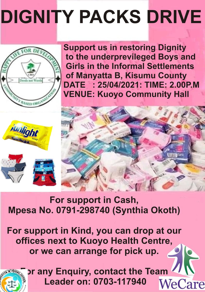 #DignityPacksToAdolescentsInSlums
Sanitary Pads, Innerwears , Vests, Soap!
<a href="/MissKwegah1/">Phannie A. Kwegah 🇰🇪</a> <a href="/JustapadK/">JustApad Initiative Kenya</a> <a href="/GBVnet/">GBV Prevention Net</a> <a href="/covaw/">Coalition on Violence Against Women (COVAW)</a> <a href="/unipads_india/">Unipads</a> <a href="/OlajideDemola/">Ademola Olajide</a> <a href="/UNFPAKen/">UNFPA Kenya</a> <a href="/olumolas/">Sammy Olumola</a> <a href="/WomenDeliver/">Women Deliver</a> <a href="/MastercardFdn/">Mastercard Foundation</a> <a href="/bwomen/">b-women</a> <a href="/InuaDada/">Inua Dada Foundation</a> @informnyokabiadv <a href="/AFRIpads/">AFRIpads</a>