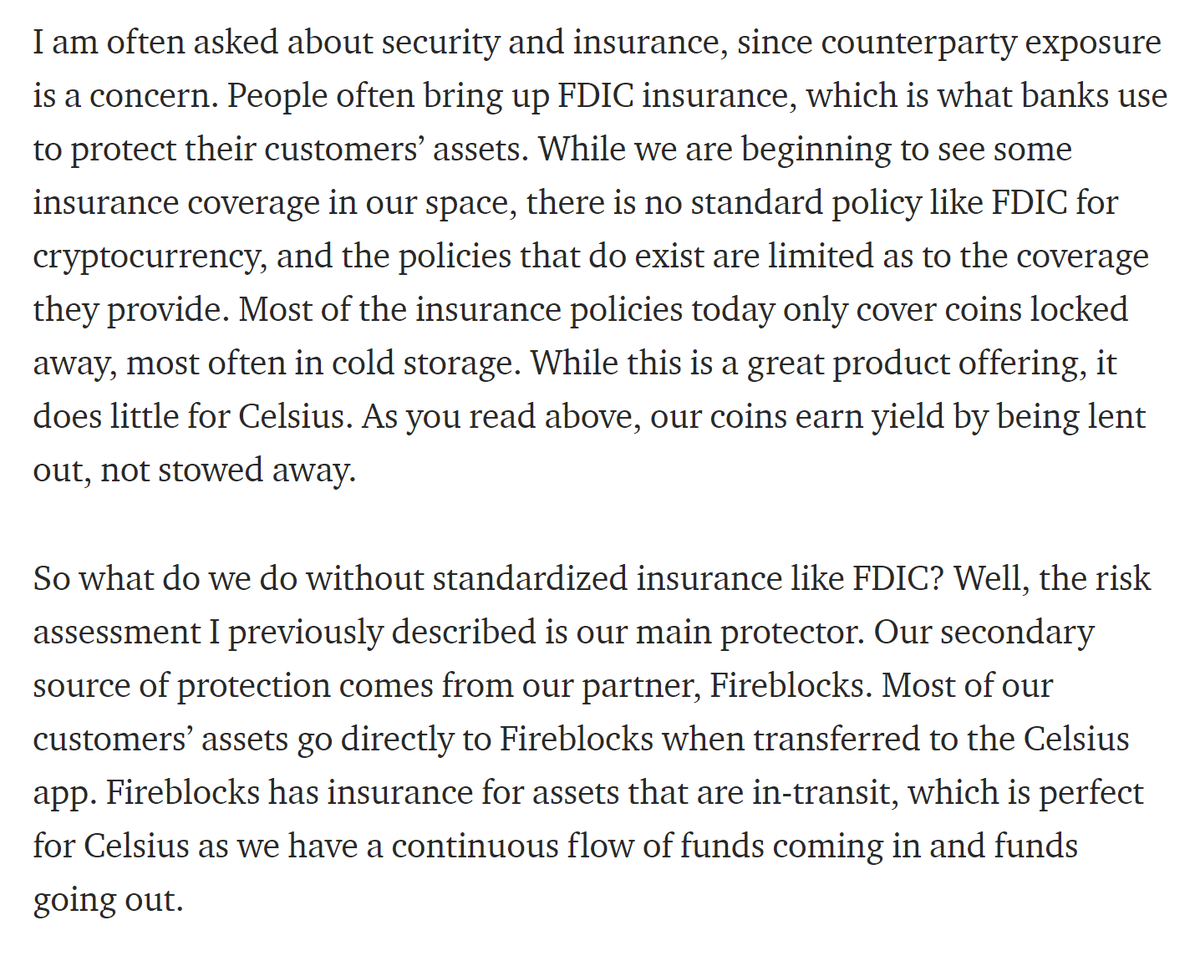 There is literally no insurance covering coins you deposit or pledge with Celsius. Fireblocks protects them from being stolen in transit, but if the counterparty defaults, well, tough cheese.